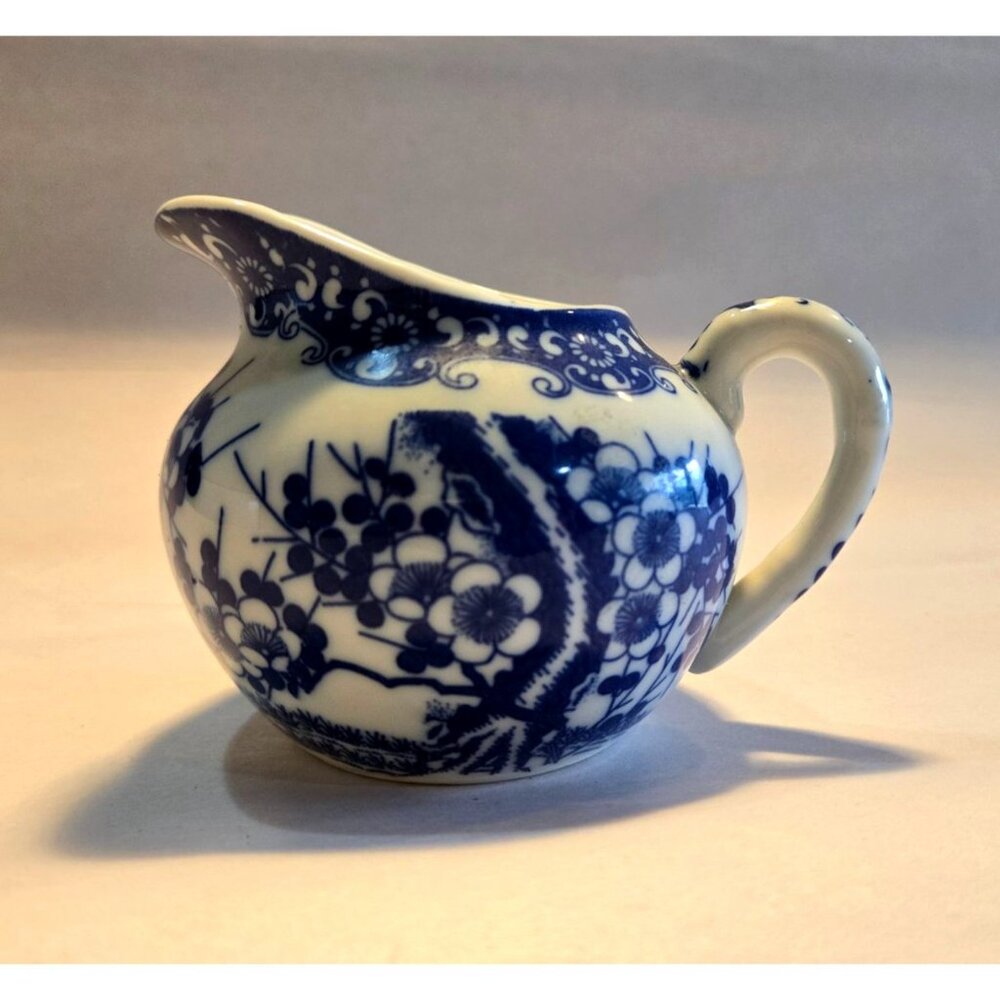 Nippon Tokusei Japanese Creamer Pitcher3”  Cherry Blossom Blue/Whie Porcelain